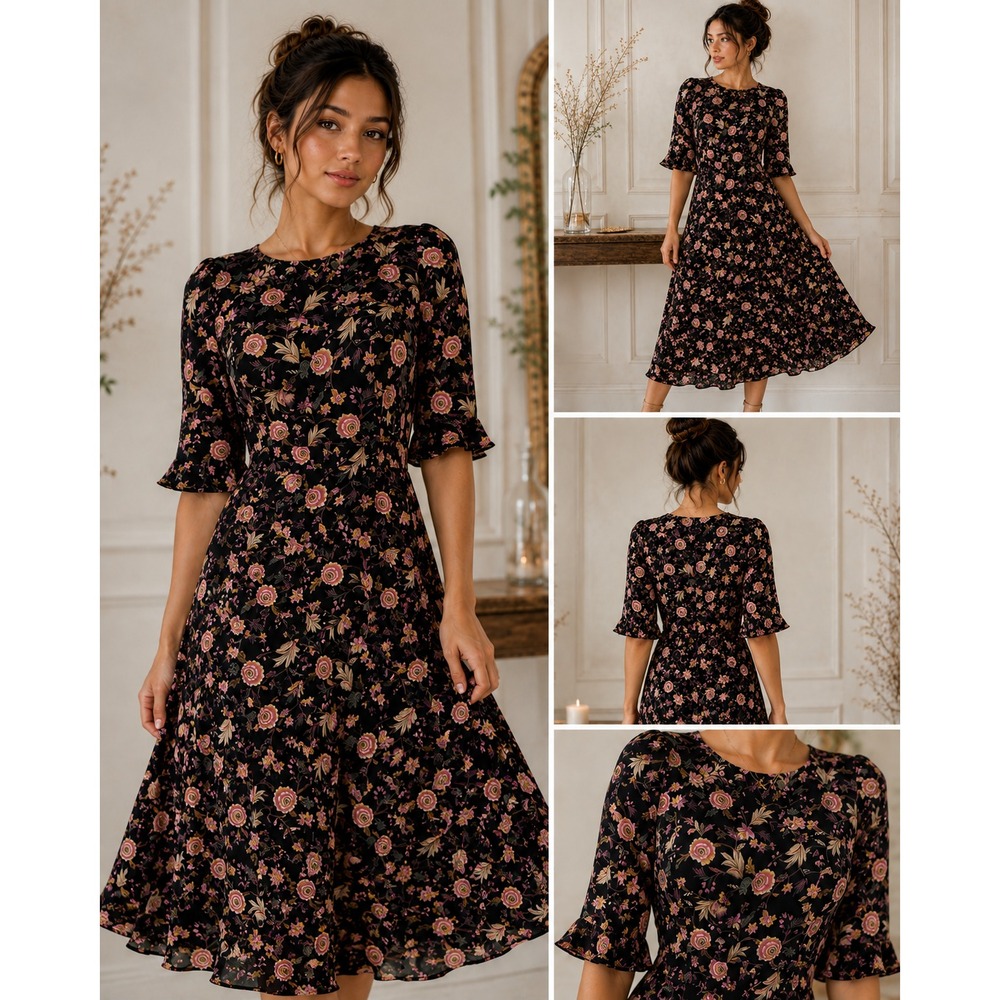 LOFT 8 Black Floral Midi Dress Romantic Boho Cottagecore Bell Sleeve NWT